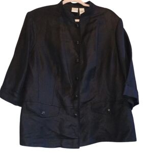 Emma James‎ 16W Black Linen Rayon Blend Blazer Jacket Vintage 3/4 Sleeve Pockets
